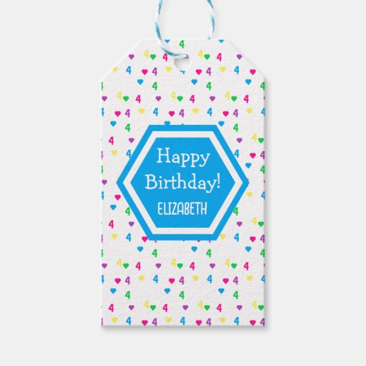 Rainbow Hearts 4. Geburtstag Geschenkanhänger (Vorderseite)