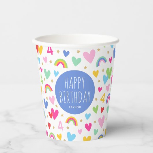 Rainbow Hearts 4. Geburtstag Party Individuelle Na Pappbecher (Vorderseite)