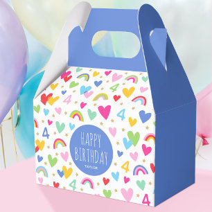 Rainbow Hearts 4. Geburtstag Party Name Blau Geschenkschachtel