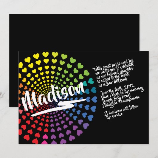 RAINBOW HEARTS Bat Mitzvah Einladung (Vorne/Hinten)