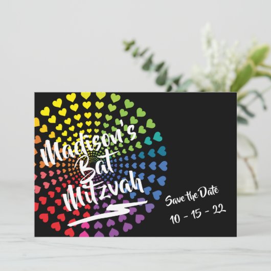 RAINBOW HEARTS Bat Mitzvah Save the Date (Stehend Vorderseite)