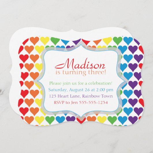 Rainbow Hearts Birthday Einladung (Vorne/Hinten)