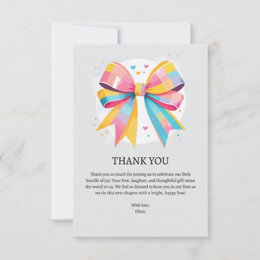 Rainbow Hearts Bow Baby Shower Dankeskarte (Vorderseite)