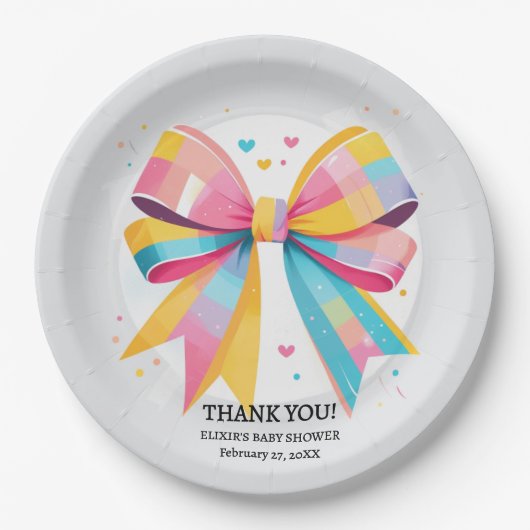 Rainbow Hearts Bow Baby Shower Pappteller (Vorderseite)