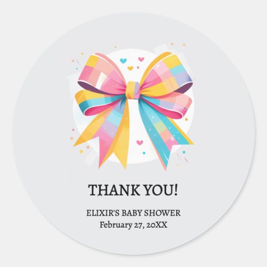Rainbow Hearts Bow Baby Shower Runder Aufkleber (Vorderseite)