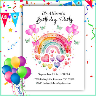 Rainbow Hearts Butterflies Geburtstag Einladung
