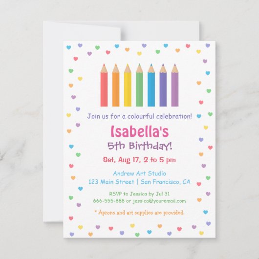 Rainbow Hearts Coloring Pencils Arts Geburtstag Einladung (Vorderseite)