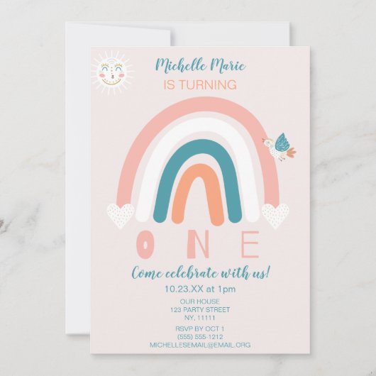 Rainbow Hearts Einladung zum ersten Geburtstag (Vorderseite)