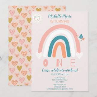 Rainbow Hearts Einladung zum ersten Geburtstag