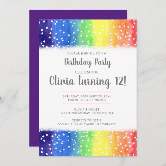 Rainbow Hearts Geburtstagsparty Einladung (Vorne/Hinten)