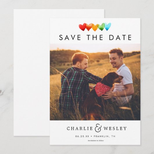 Rainbow Hearts Save the Date mit Foto (Vorne/Hinten)