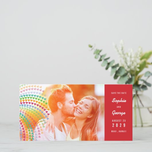 Rainbow Hearts Sprinkles Foto Save the Date (Stehend Vorderseite)