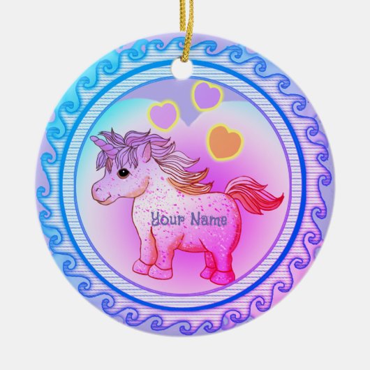 Rainbow Hearts Unicorn Keramik Ornament (Vorne)