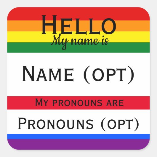 Rainbow Hello Pronouns Quadratischer Aufkleber (Vorderseite)