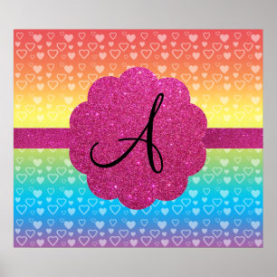 Rainbow-Herzen Rosa Glitzer Monogramm Poster