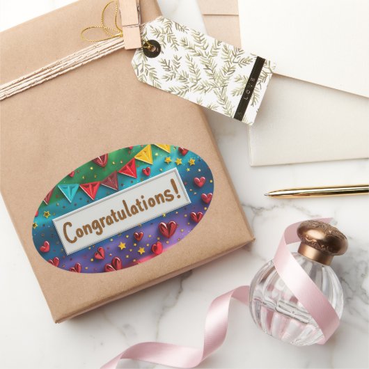 Rainbow Herzlichen Glückwunsch Digital Art Ovaler Aufkleber (Schenken)