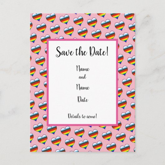 Rainbow-Herzmuster Save the Date Postkarte (Vorderseite)