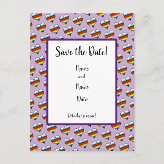 Rainbow-Herzmuster Save the Date Postkarte (Vorderseite)