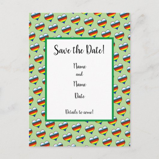 Rainbow-Herzmuster Save the Date Postkarte (Vorderseite)
