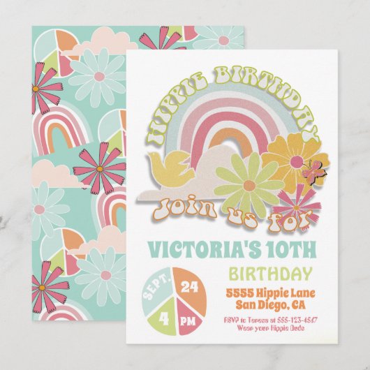 Rainbow Hippie Birthday Party Einladung (Vorne/Hinten)