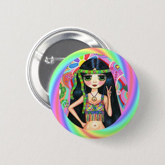 Rainbow Hippie Chick Peace Sign Button (Vorne & Hinten)
