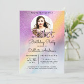 Rainbow Holographic Glitzer Ombre Foto Birthday Einladung (Stehend Vorderseite)