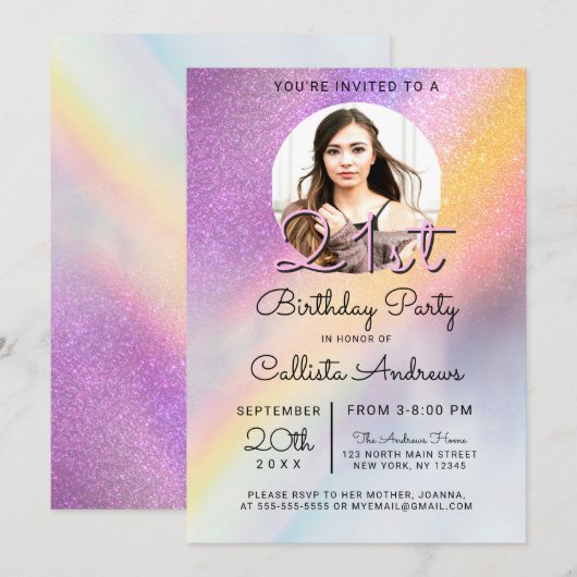 Rainbow Holographic Glitzer Ombre Foto Birthday Einladung (Vorne/Hinten)