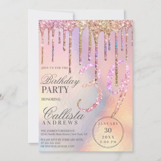 Rainbow Holographic Glitzer Tropfens Age Birthday Einladung (Vorderseite)