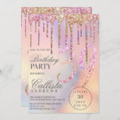 Rainbow Holographic Glitzer Tropfens Age Birthday Einladung (Vorne/Hinten)