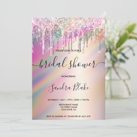 Rainbow Holographic Glitzer Tropfens Brautparty Einladung (Stehend Vorderseite)