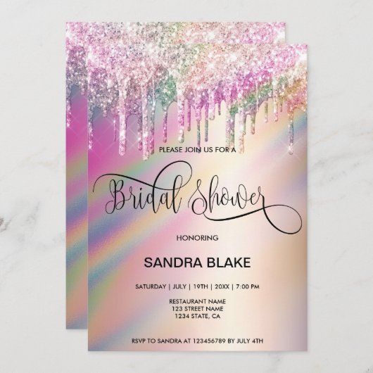 Rainbow Holographic Glitzer Tropfens Brautparty Einladung (Vorne/Hinten)