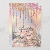 Rainbow Holographic Glitzer Tropfens Foto Birthday Einladung (Vorne/Hinten)