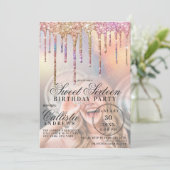 Rainbow Holographic Glitzer Tropfens Foto Sweet 16 Einladung (Stehend Vorderseite)