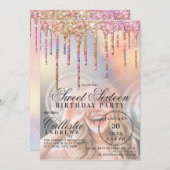 Rainbow Holographic Glitzer Tropfens Foto Sweet 16 Einladung (Vorne/Hinten)