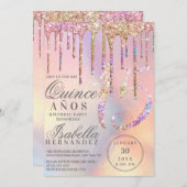Rainbow Holographic Glitzer Tropfens Quinceañera Einladung (Vorne/Hinten)