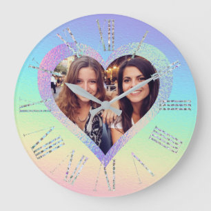 Rainbow Holographic Heart Frame Custom Foto Große Wanduhr