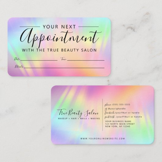 Rainbow Holographic Iridescent Unicorage Script Terminkarte (Vorne/Hinten)