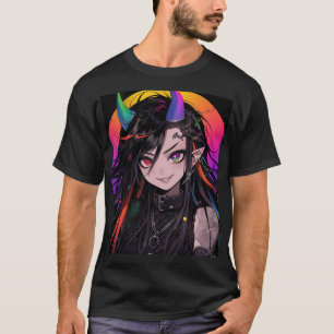 Rainbow Horned Goth Punk Anime Girl T-Shirt