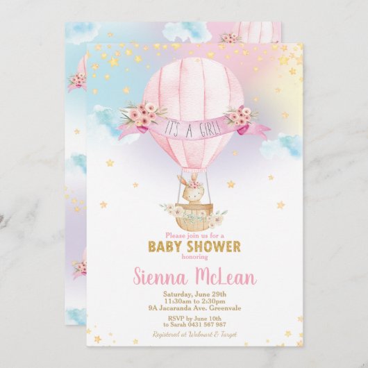 Rainbow Hot Air Ballon Babydusche Bunny Girl Einladung (Vorne/Hinten)