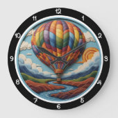 Rainbow Hot Air Balloon Over River Große Wanduhr (Vorderseite)