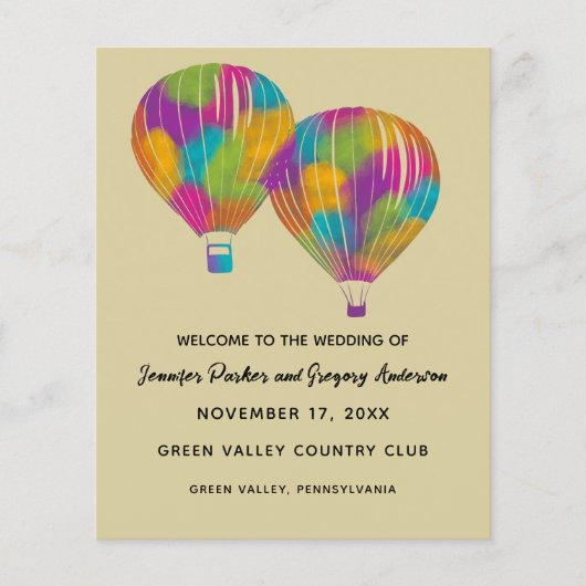 Rainbow Hot Air Balloons Custom Wedding Programm (Vorderseite)