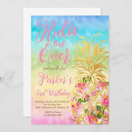 Rainbow Hula on over, Luau, Ananas Birthday Einladung (Vorne/Hinten)