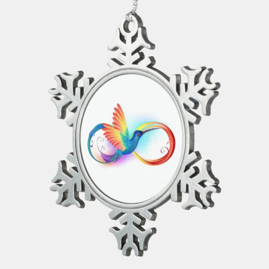 Rainbow Hummingbird mit dem Symbol Unendlichkeit Schneeflocken Zinn-Ornament (Rechts)