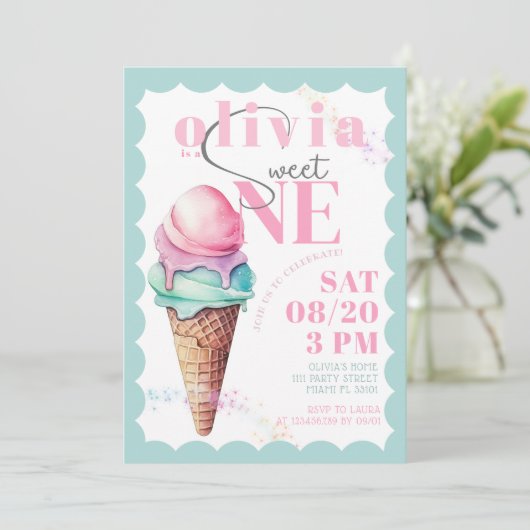 Rainbow Ice Cream Sweet One First 1st Birthday Einladung (Stehend Vorderseite)