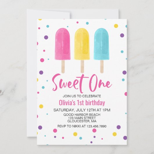 Rainbow Ice Pop Sweet One Summer 1st Birthday Einladung (Vorderseite)