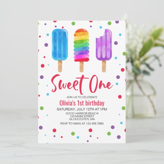 Rainbow Ice Pops Sweet One 1st Birthday Einladung (Stehend Vorderseite)