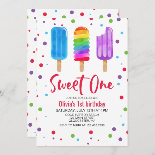 Rainbow Ice Pops Sweet One 1st Birthday Einladung (Vorne/Hinten)