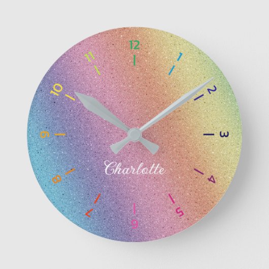 Rainbow Iridescent Glitzer Personalisierte Kinder Runde Wanduhr (Vorderseite)