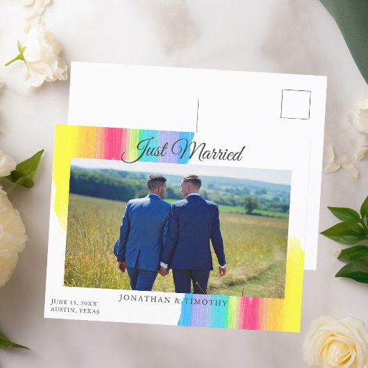 Rainbow Just Married New Foto Chic Wedding Ankündigungspostkarte