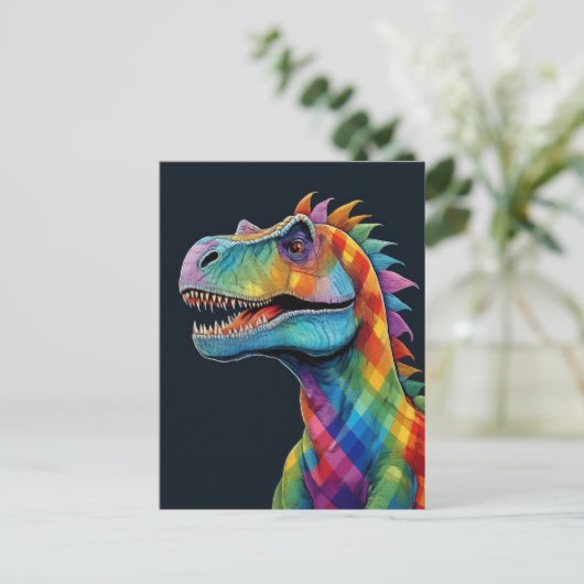 Rainbow Kariert Dinosaurier Postkarte (Stehend Vorderseite)
